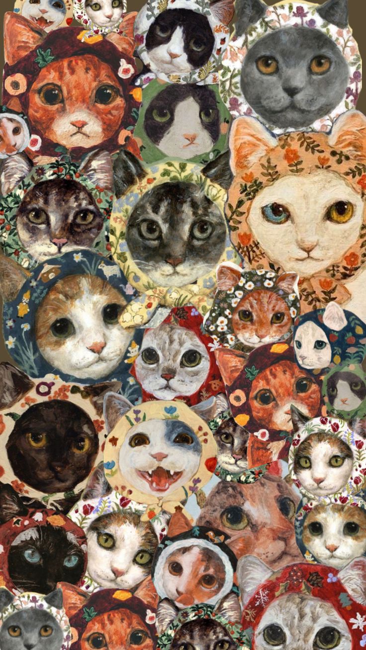 an image of many cats with different colored eyes and headdresss on them