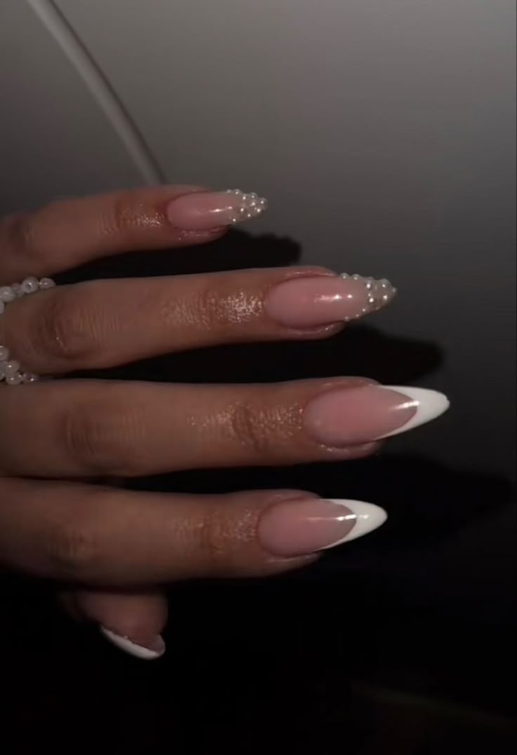 Pearl Chrome Nails With Pearls, Wedding Pearl Nails For Bride, Classy Nails Pearls, Wedding Nails French Tip With Pearls, Nail Pearls Design, White Hoco Nails Almond, Pearl Ballerina Nails, Pearl Nail Inspiration, French Almond Nails With Pearls