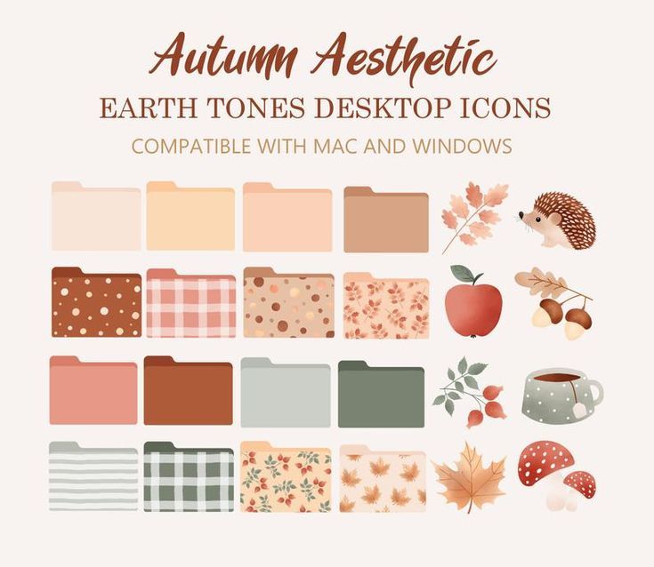 an autumn aesthetic earth tones desktop icons with mac and windows logo design, icon design, graphic design, apple wallpaper, fall colors, color palettes, computer, nature, freebies, cute pictures, the office, adobe