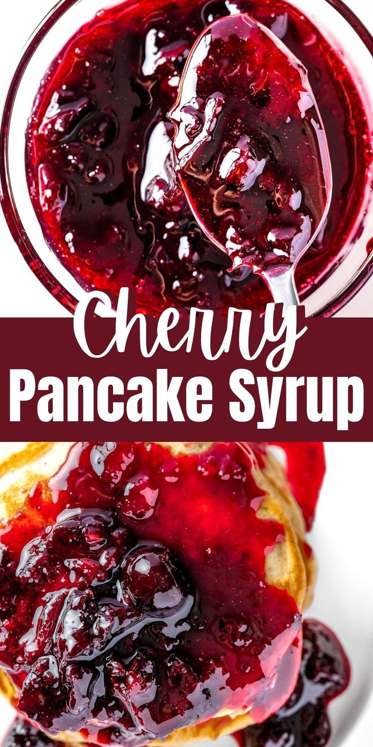 a stack of pancakes covered in blueberry sauce with the words cheesy pancake syrup on top