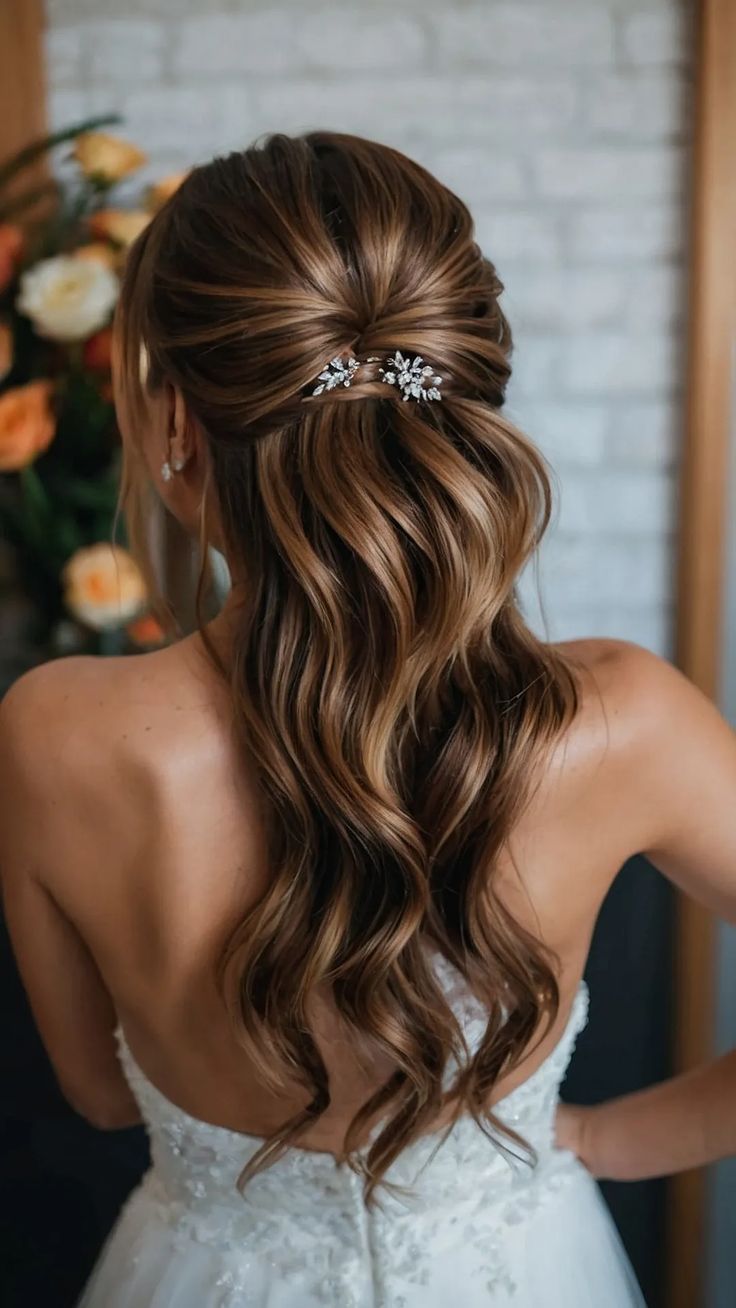 the back of a bride's head with long wavy hair