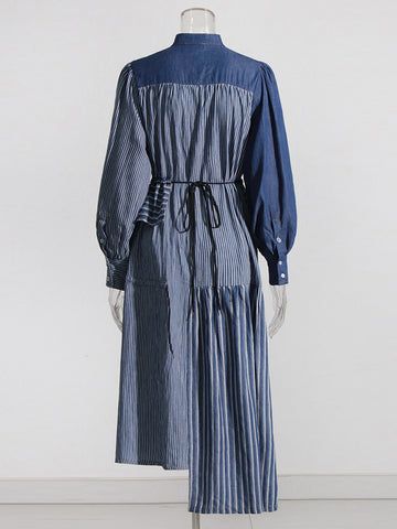 Denim Patchwork Stripes Maxi Dresses Summer Workwear Midi Length Long Sleeve Dress, Summer Workwear Long Sleeve Midi Dress, Summer Midi Length Long Sleeve Dress For Work, Chic Patchwork Dresses For Workwear, Blue Patchwork Dresses For Daywear, Patchwork Midi Dress For Work, Patchwork A-line Dresses For Work, Casual Patchwork Midi Dress For Work, Casual Midi Dress With Patchwork For Work