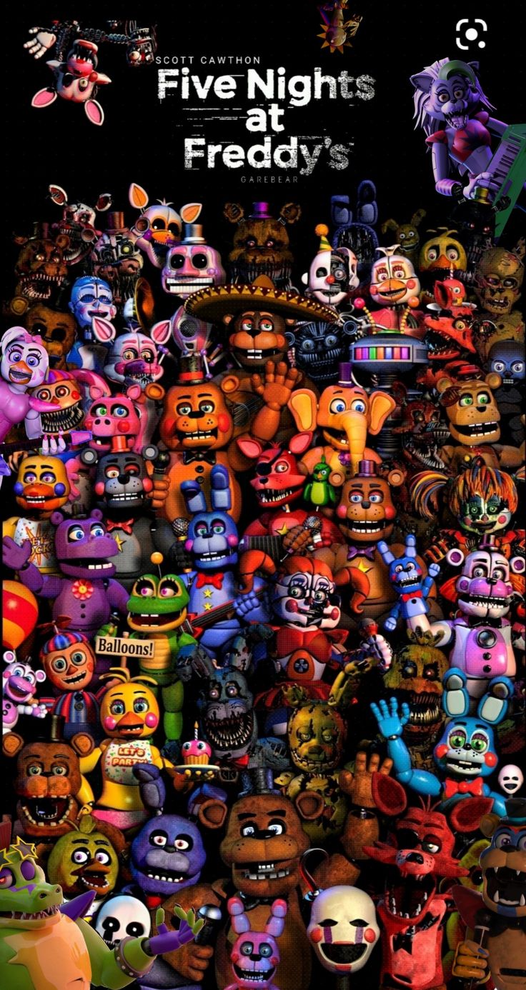 the poster for five nights at friday's is shown with many different colored monsters