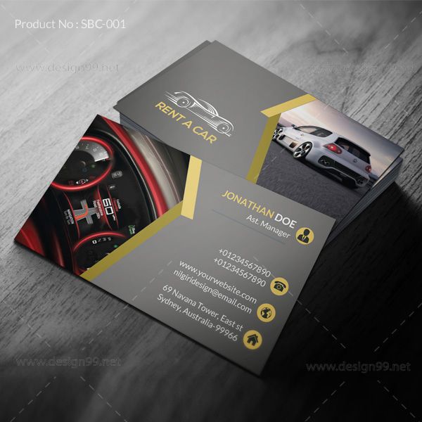 a black and yellow business card with an image of a car on the back side