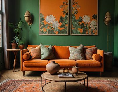 an orange and green living room with two paintings on the wall, coffee table and couch