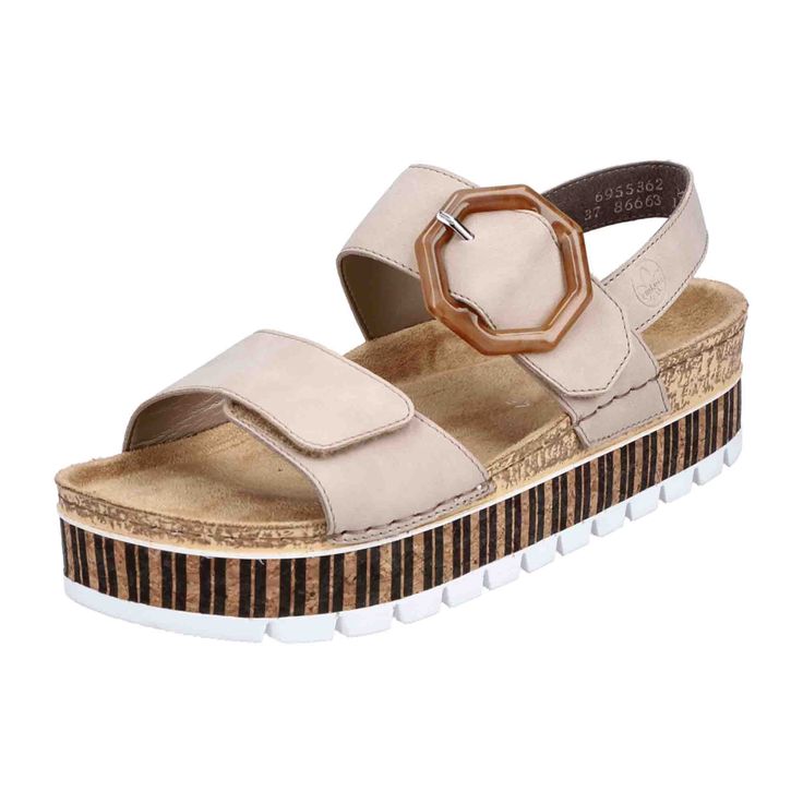 Rieker 6955362 695 Women's Platform Sandals in Beige Rieker 6955362 695 Women's Platform Sandals in Beige Attention trend alert! These casual faux leather strappy sandals by Rieker are versatile for both everyday wear and leisure outfits. Designed with wide straps, an adjustable velcro closure, and a broad heel strap for perfect grip and optimal fit. The lightweight shock-absorbing platform sole ensures lasting comfort even on long days. Experience pure luxury in every step!   Color: Beige  Heel Height: 2cm  Heel Type: Platform heel  Shoe Width: Normal (G)  Removable Insole: No  Outsole Color: White  Closure: Velcro  Season: Spring/Summer   Material & Care  Upper Material: Synthetic  Lining Material: Textile & Synthetic  Insole: Leather  Outsole: Polyurethane (PU)  Shoe Lining: Unlined  Ca Leisure Outfits, Platform Shoes Heels, Women Platform Sandals, Beige Heels, Shoe Brushes, Soft Shoes, Wide Straps, Strappy Sandals, Strap Heels