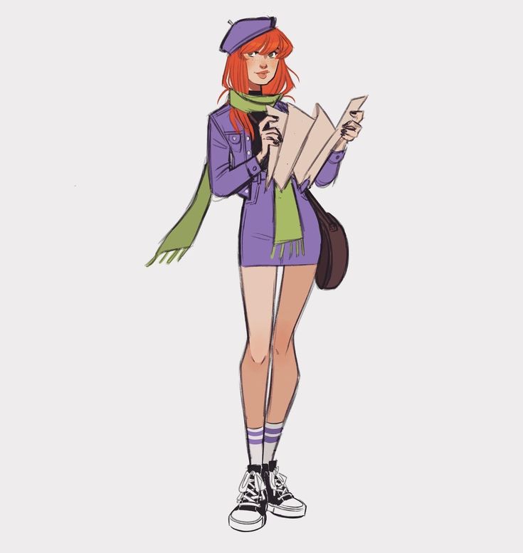 a cartoon character with red hair holding a piece of paper and looking at something in her hand