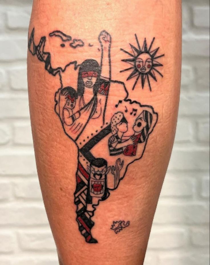 a man with a tattoo on his leg that has a drawing of a person holding a beer