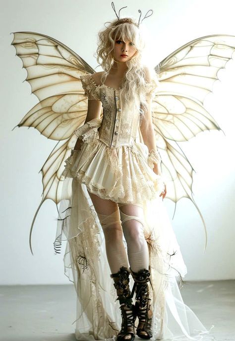 a woman dressed as a fairy standing in front of a white wall