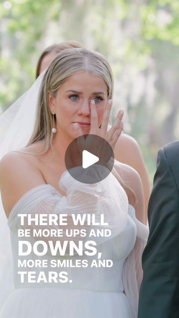 a woman in a wedding dress holding her hand up to her face with the caption, there will be more ups and downs than more smiles and tears