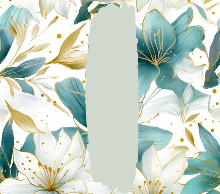 a white and blue floral background with gold foiled flowers in the center, on top of a light green rectangle