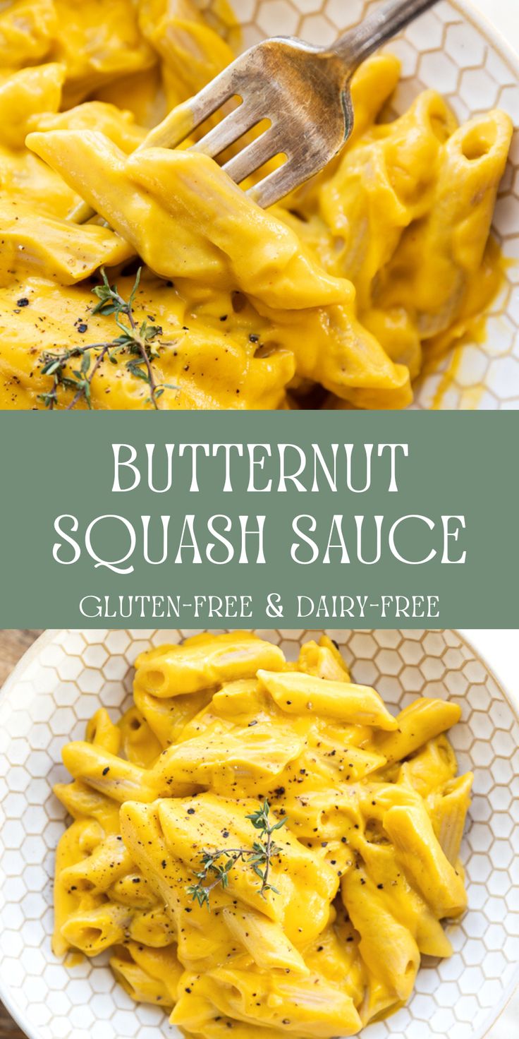 butternut squash sauce on a white plate with a fork in it and the title overlay reads, butternut squash sauce gluten - free & dairy - free