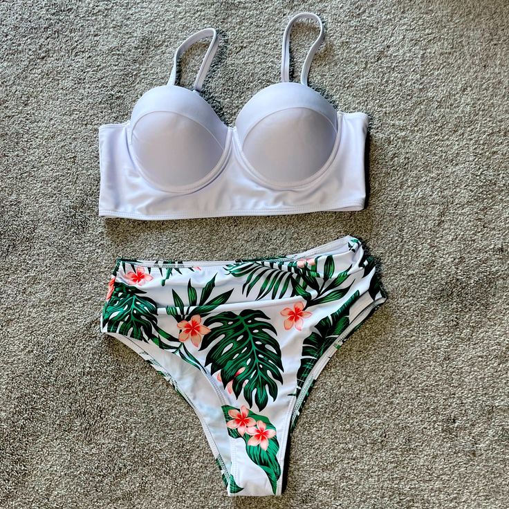 High Waisted Tropical Print Push Up Bikini. Women’s Large. Never Worn Or Used. Still Has Sanitary Seal On Bikini Bottom. White Underwire Tankini With Built-in Bra, White Underwire Tankini For Beach Season, White Beach Tankini With Built-in Bra, White Underwire Tankini With Lined Body, White High Waist Swimwear For Beach Season, White High Waist Tankini For Vacation, White Swimwear With Built-in Bra For Sunbathing, White High-waist Swimwear For Beach Season, White Swimwear With Built-in Bra For Pool