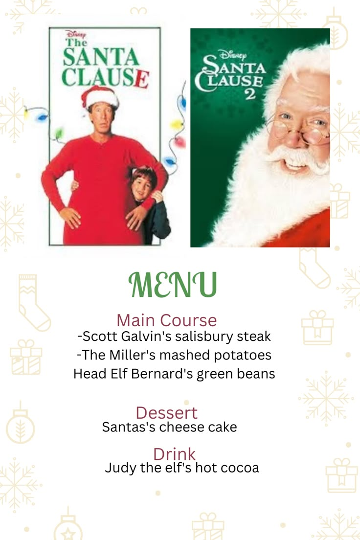 a menu for santa clause and other holiday treats with an image of the santa clause