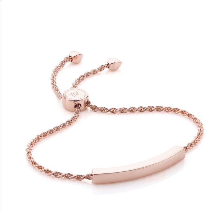 Monica Vinader Bracelet Linear Chain Bracelet - Brand New 18ct Rose Gold Vermeil On Sterling Sliver Retail: $275 This Sleek Bracelet Features A Streamlined, Curved Bar Offset By Twisted Rope Chains. The Bar Measures 35mm X 4mm And A Toggle Slides To Easily Adjust The Chain's Length For A Snug Fit. Engrave Your Personal Messages On The Bar And Stack With Other Linear Bracelets To Create Your Own Unique Look. Friendship Chain, Monica Vinader Bracelet, Twist Jewelry, Classic Bracelets, Monica Vinader, Diamond Chain, Dainty Bracelets, Diamond Bracelets, Metal Bracelets