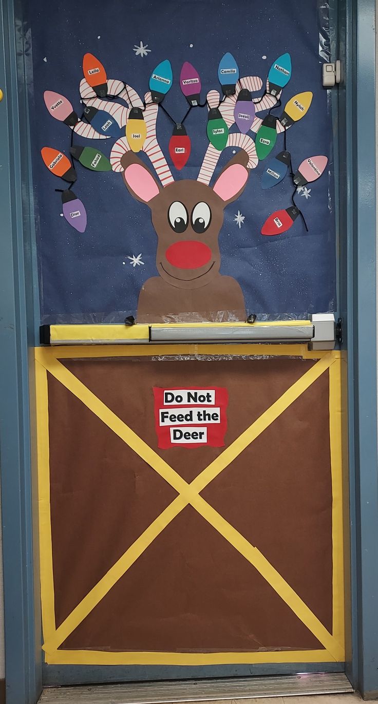 a door decorated to look like a reindeer with christmas lights on its antlers and the words do not feed the deer