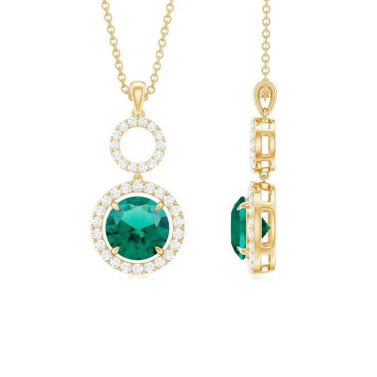 Certified Lab Grown Emerald Dangle Drop Pendant Necklace With Moissanite Lab Created Emerald - ( AAAA ) - Quality - Rosec Jewels Emerald Necklace Pendant, Dangle Necklace, Lab Created Emerald, Drop Pendant Necklace, Dangle Necklaces, Emerald Pendant, Notes Design, Emerald Necklace, Circle Necklace