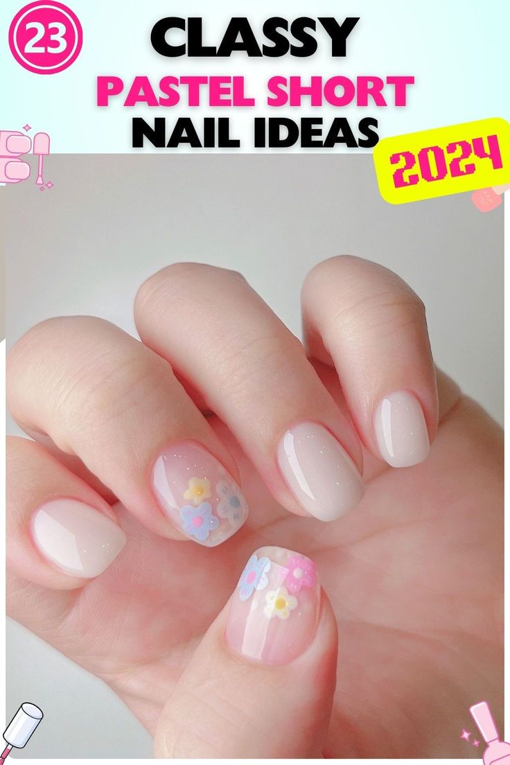 Short round nails with a pastel pink base and delicate floral accents, perfect for everyday wear or special occasions, creating a whimsical and feminine look. Ideal for those who love pastel pink nails with a subtle charm. Short Nail Pastel, Nail Pastel, Short Nail Ideas, Short Round Nails, Pastel Pink Nails, Love Pastel, Pastel Shorts, Pink Coffin, Simple Gel Nails