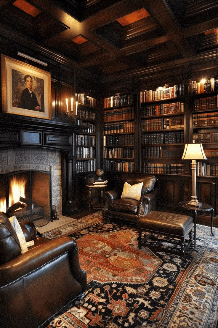 a living room filled with lots of furniture and bookshelves covered in bookcases