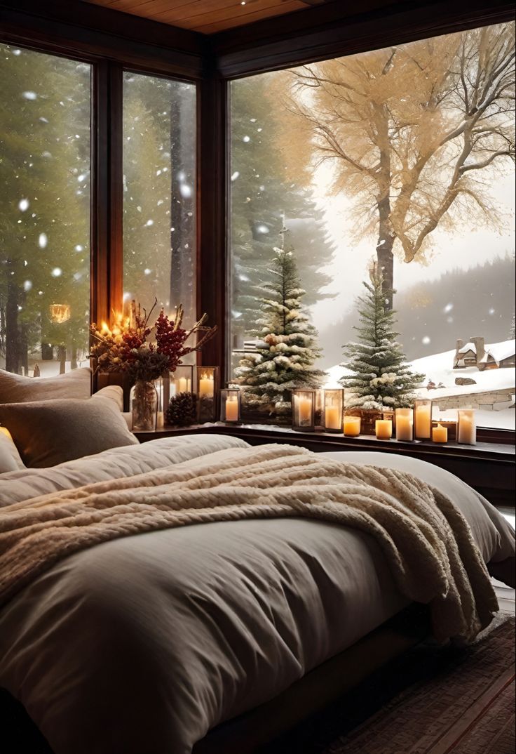 a bed sitting in front of a large window covered in snow next to christmas trees