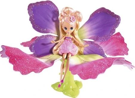 a toy doll sitting on top of a flower with pink petals and purple wings in the shape of a fairy