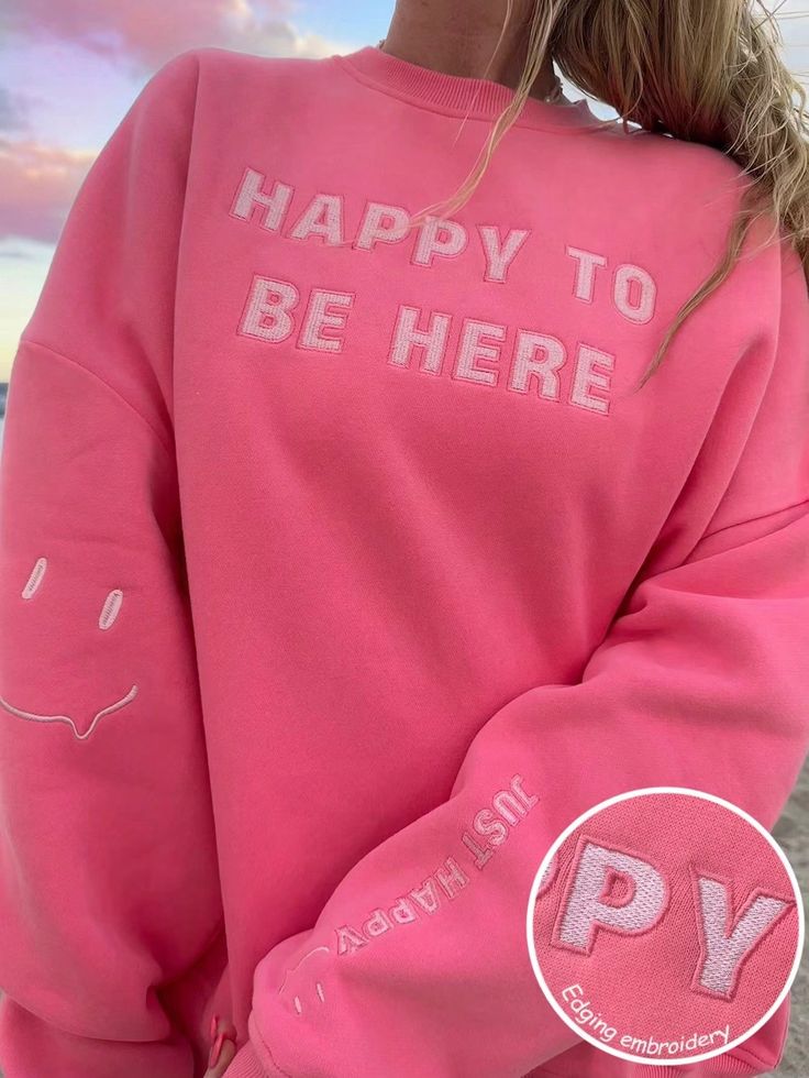 Women's Letter Printed Drop Shoulder Casual Sweatshirt For Daily Wear Hot Pink Casual  Long Sleeve Polyester Letter Pullovers Non-Stretch  Women Clothing, size features are:Bust: ,Length: ,Sleeve Length: Cloud Sweatshirt, Alabama Sweatshirt, Luxury Paints, Happy To Be Here, Pink Crewneck, Cute Sweatshirts, Embroidered Hoodie, Embroidered Sweatshirts, Preppy Outfits