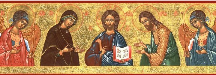 an icon with three men and one woman holding a book in front of the other man