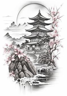 Chinese Temple Tattoo Design, Plum Blossom Tattoo Black And White, Popular Tattoos For Women, Temple Tattoo Design, Pagoda Tattoo, Japanese Temple Tattoo, Blossom Tree Tattoo, Temple Tattoo, Tattoo Japanese Style