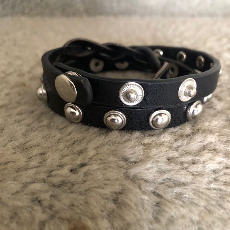 Nwot Black Leather Wrap Bracelet With Silver Colored Studs And Rhinestones. 23” Long. Size Is Adjustable Edgy Metal Jewelry With Black Band, Trendy Black Studded Jewelry, Trendy Black Stud Jewelry, Black Studded Jewelry For Party, Edgy Silver Jewelry With Black Band, Metal Bracelet With Black Band, Black Trendy Bracelets With Studs, Trendy Black Bracelets With Studs, Black Studded Bracelets For Party