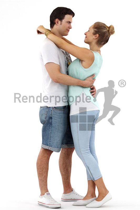 Posed 3D People, european couple standing and hugging, dancing  The geometry and high-resolution textures of all Posed 3D People have been manually refined to match the vividness and authenticity of real human beings. Posed Renderpeople are ready to render.  ✔ Two versions: 100k & 30k polycount ✔ Unwrapped UVs ✔ 8k high-resolution textures ✔ includes Diffuse and Normal maps ✔ includes Alpha maps  Available for: 3ds Max, Cinema 4D, Rhino, Blender, Sketchup and many more... Yuri Couple Reference, People Dancing Art, Pose Ref 2 People, Cute Dynamic Poses, European Couple, 3d People, Couple Poses Reference, Figure Reference, Human Reference