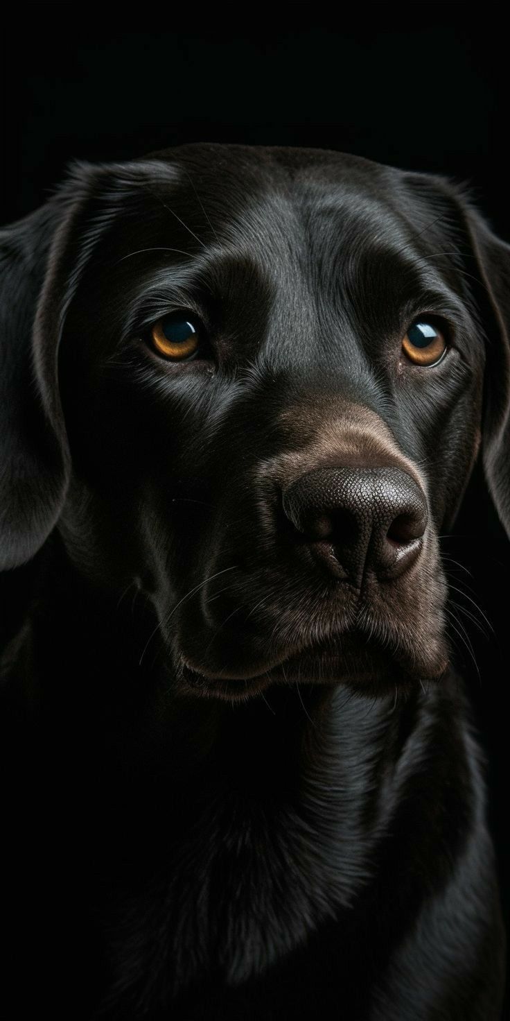 a close up of a black dog with yellow eyes