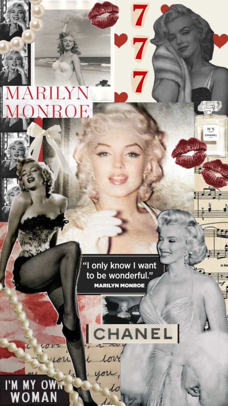 marilyn monroe collage with pearls, lipstick, and other things in the background that include photos