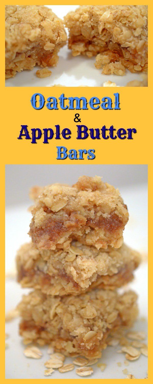 oatmeal and apple butter bars are stacked on top of each other with the words