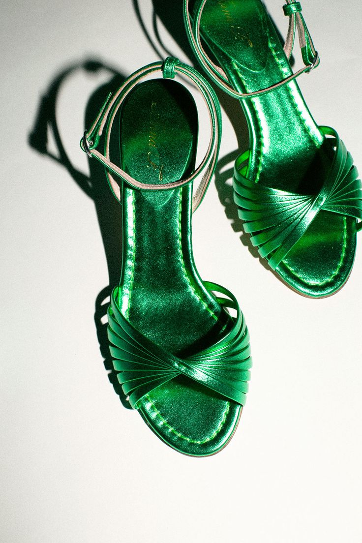 Shiny metallic kitten heel sandal to make every outfit extra. Open toe, with adjustable ankle strap. 2.5" heel. Shiny Shoes, Orange Heels, Green Sandals, T Strap Heels, Kitten Heel Sandals, Metallic Shoes, Shoe Inspiration, Metallic Sandals, All About Shoes