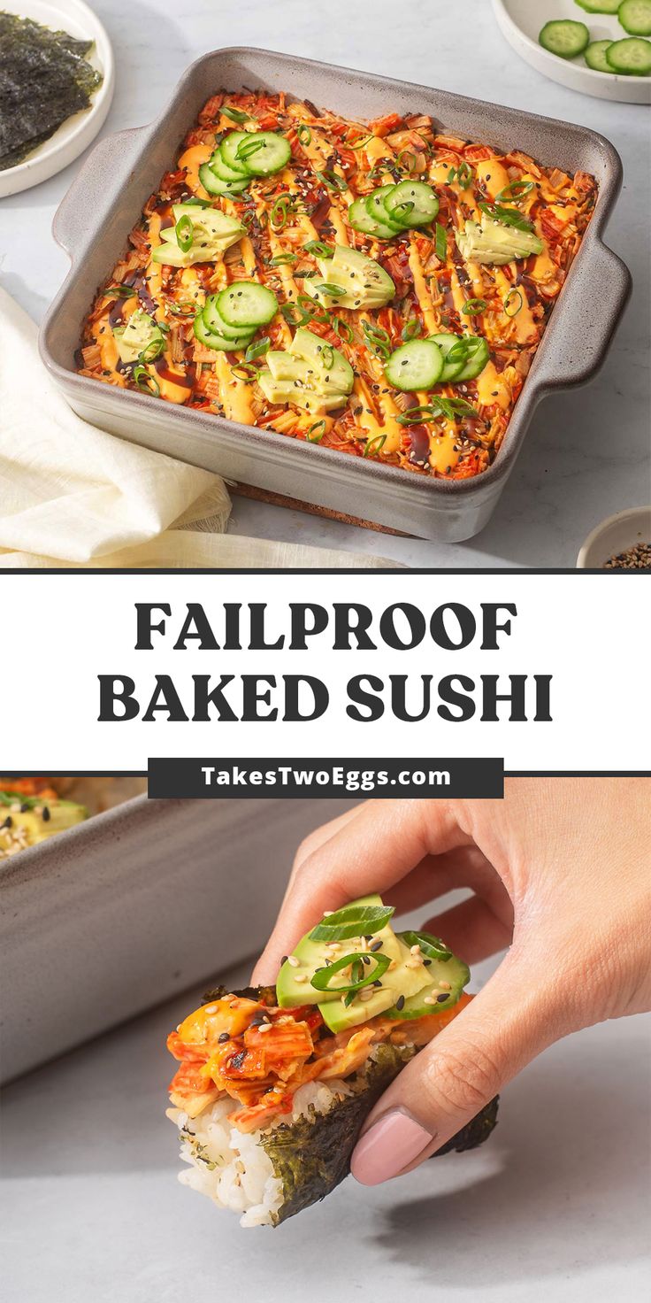 someone is taking a piece of food out of a pan with the words fail proof baked sushi on it