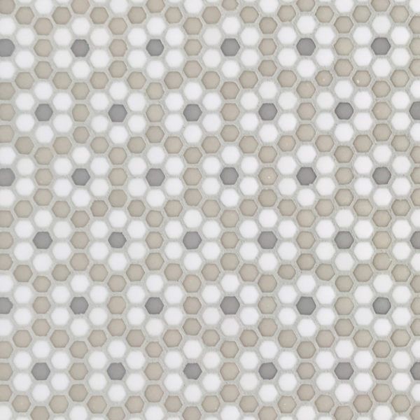 a white and gray tiled wallpaper with hexagonal design in the center, as well as circles