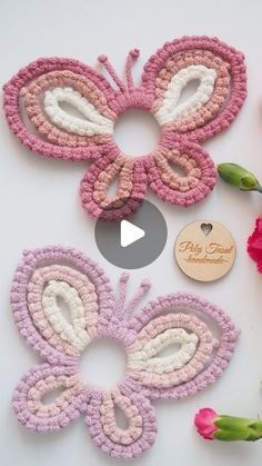 three crocheted flowers are shown with the words happy mother's day written on them