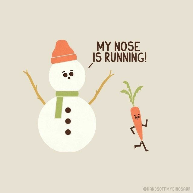 a snowman and carrots with the caption'my nose is running '