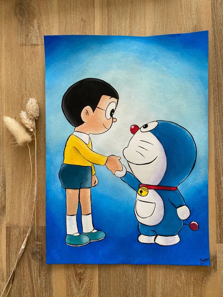 a painting of a boy shaking hands with a cartoon character on a blue background next to dried flowers