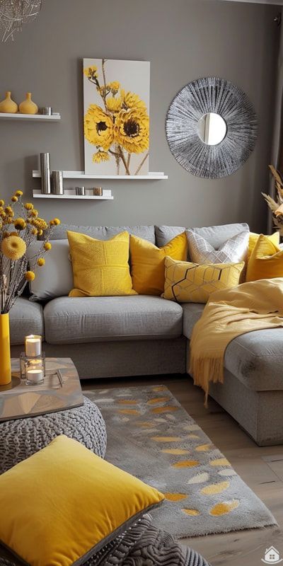 a living room filled with furniture and yellow pillows