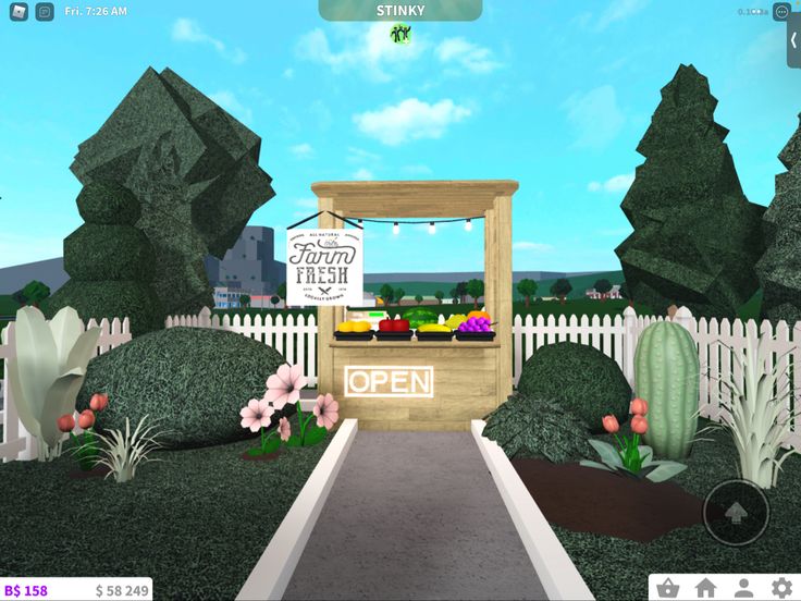 an animated image of a garden with flowers and plants in the foreground, along with a sign that says open