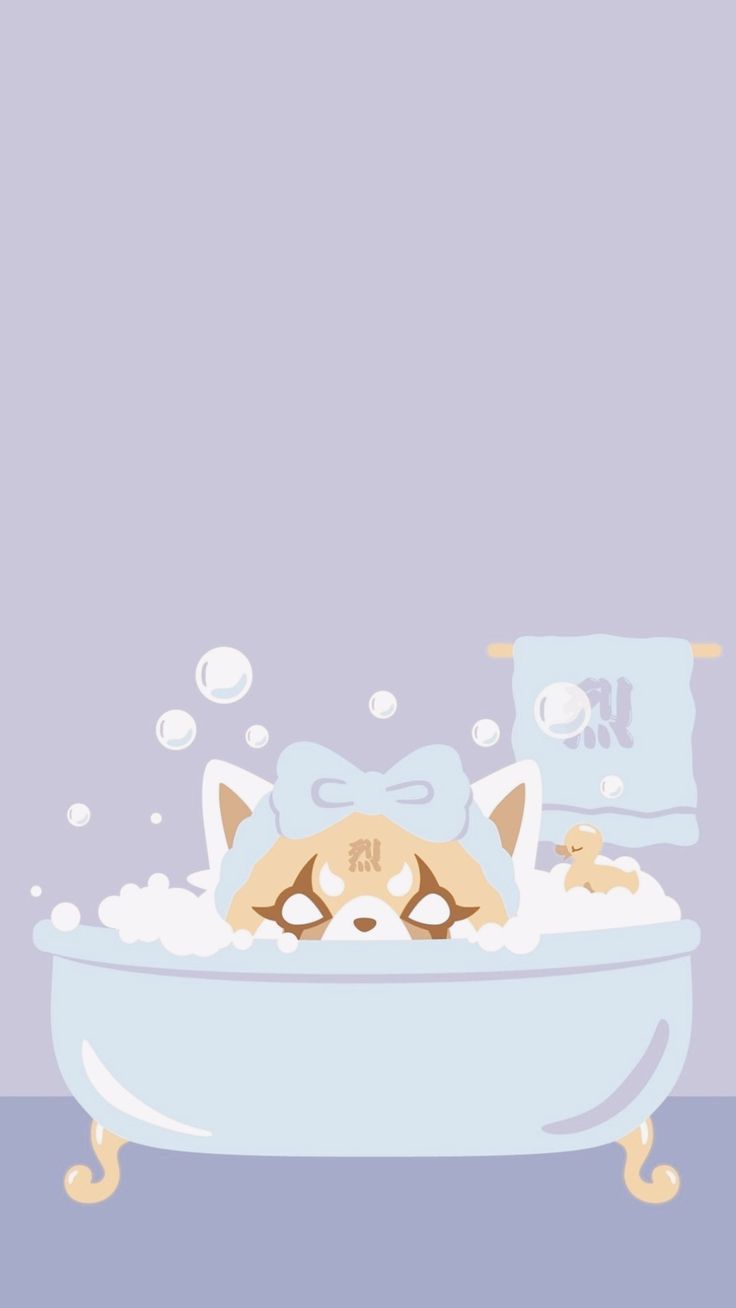 a cartoon cat taking a bath in a tub with bubbles and soaps on it