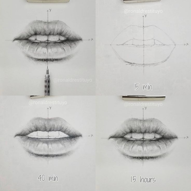 four different stages of drawing lips with pencils