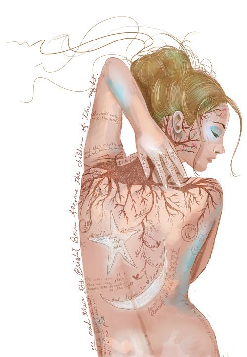 a drawing of a woman with tattoos on her back and arms behind her head, looking to the side