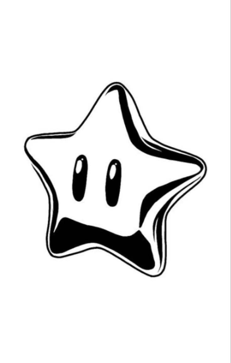 a black and white image of a star shaped object with eyes drawn on it's side