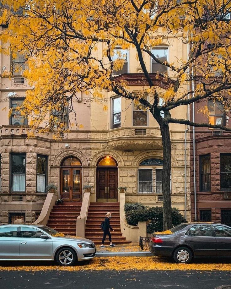 two cars parked in front of a building with yellow leaves on the ground and stairs leading up to it