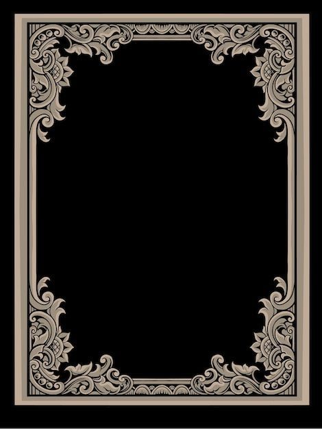 a black and beige frame with an ornate design on the bottom, in front of a black background