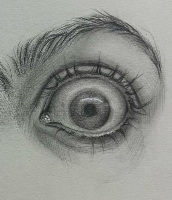 a drawing of an eye with the iris partially closed and part of its eyelashes visible