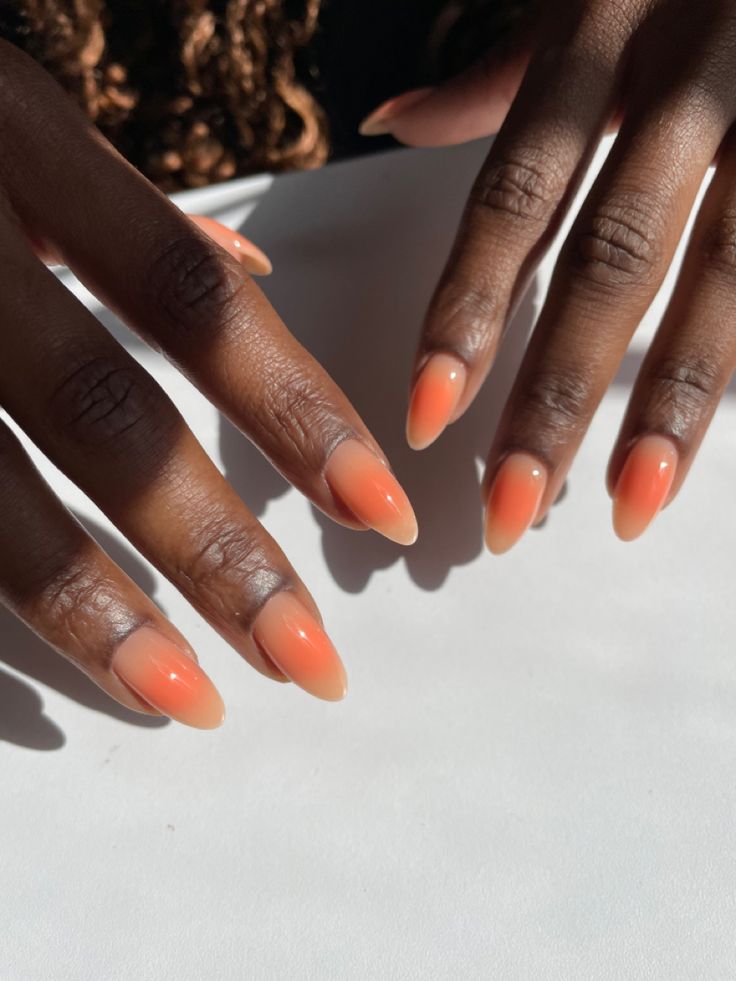 Cute Nail Designs Orange, Gel X Nails Orange, Summer Nails Gel X Almond, Jelly Nails Summer, Orange Inspo Nails, Nail Inspo For Florida, Clear And Orange Nails, Acrylic Nails Almond Orange, Short Nails Tropical