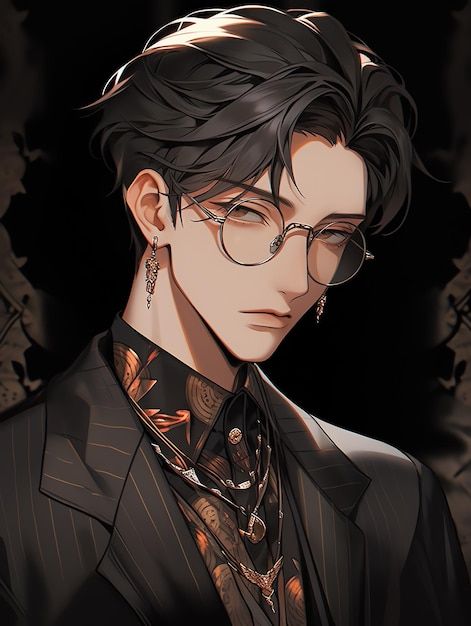 an anime character wearing glasses and a suit with flowers on his lapel, standing in front of a black background